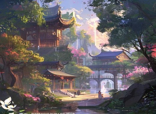 有栖花绯作品世界观概念图，古典园林与现代光效交融，展现角色所处的奇幻东方世界背景